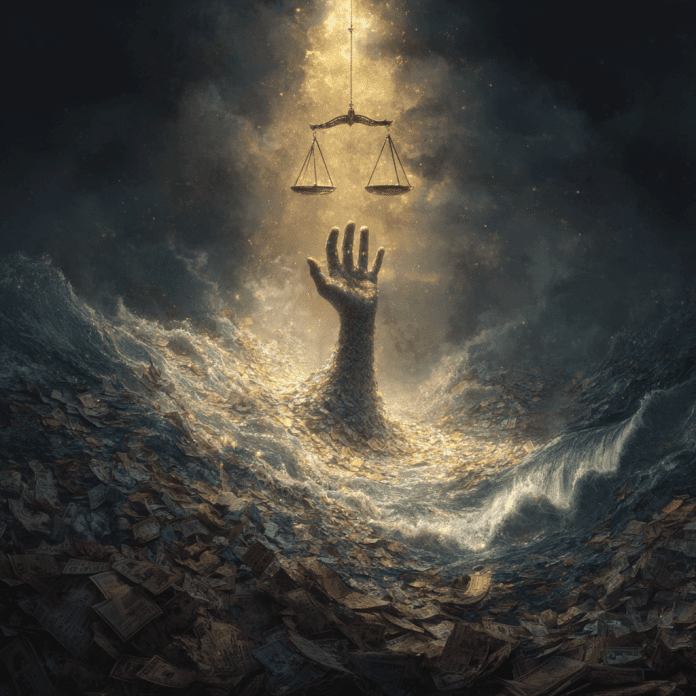 Child Custody cases and the cost. Surreal illustration: a vast stormy sea made of swirling overdue bills, credit statements, and debt notices. A human hand reaches upward from the water toward glowing golden Scales of Justice in the sky. Epic symbolism, emotional tone, hope through hardship, dramatic lighting, painterly detail, digital art, Studio Ghibli meets Norman Rockwell realism, inspirational, heroic tone