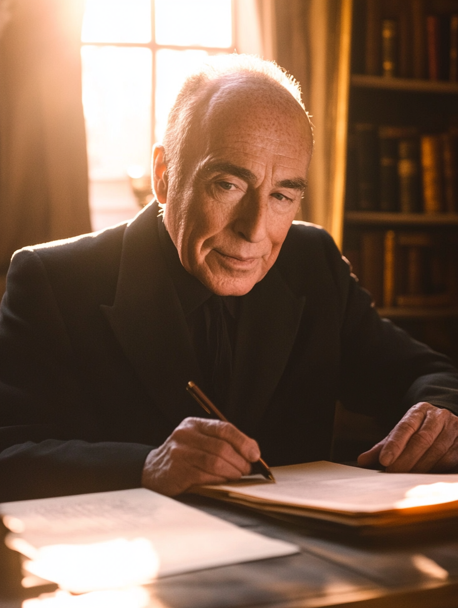 AI generate picture for David Geffen's Divorce. He is sitting at his desk with the sun setting behind him.