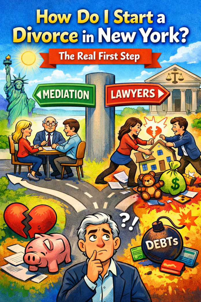 Start a divorce. Picture of the cross roads of mediation or contested divorce